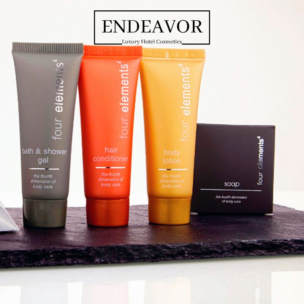 A hotel toiletries amenities set Four Elements with mint and seaweed with a soap, shampoo, conditioner, body lotion
