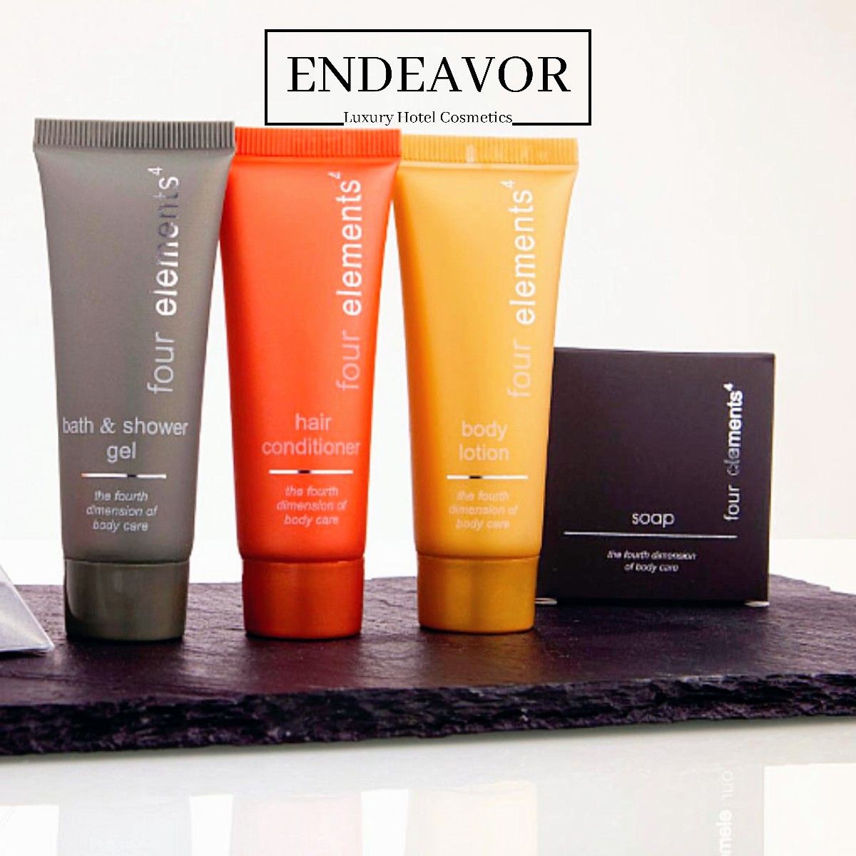 A hotel toiletries amenities set Four Elements with mint and seaweed with a soap, shampoo, conditioner, body lotion
