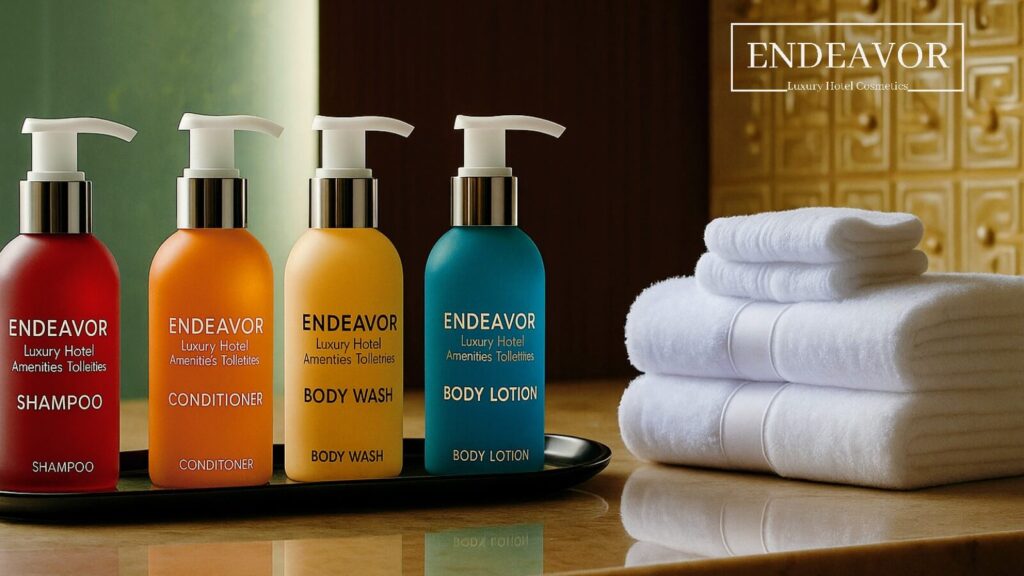 Luxury hotel amenities and toiletries set with shampoo, conditioner, body wash, body lotion from ENDEAVOR luxury hotel amenities toiletries supplier in Europe.