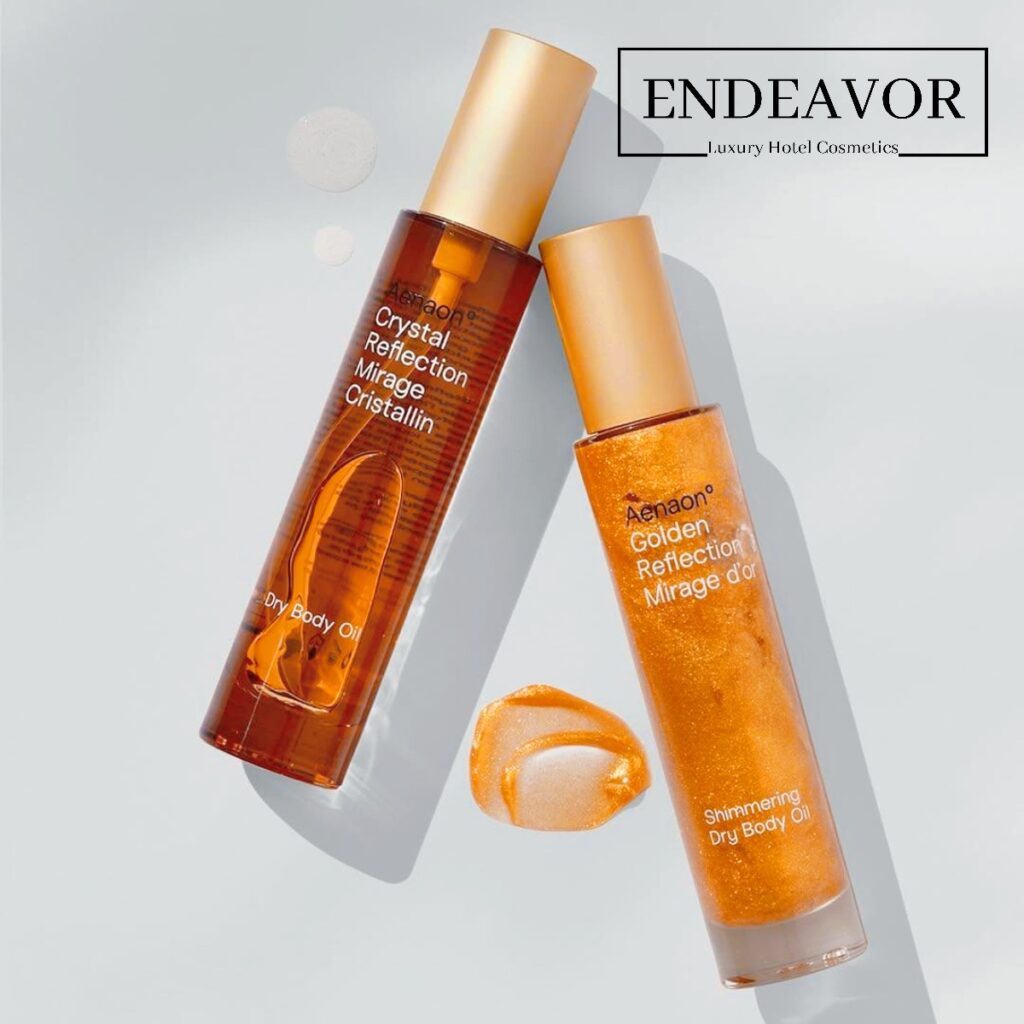 A set of luxury skincare cosmetics Aenaon with dry body oil and shimmering dry body oil in glass bottles
