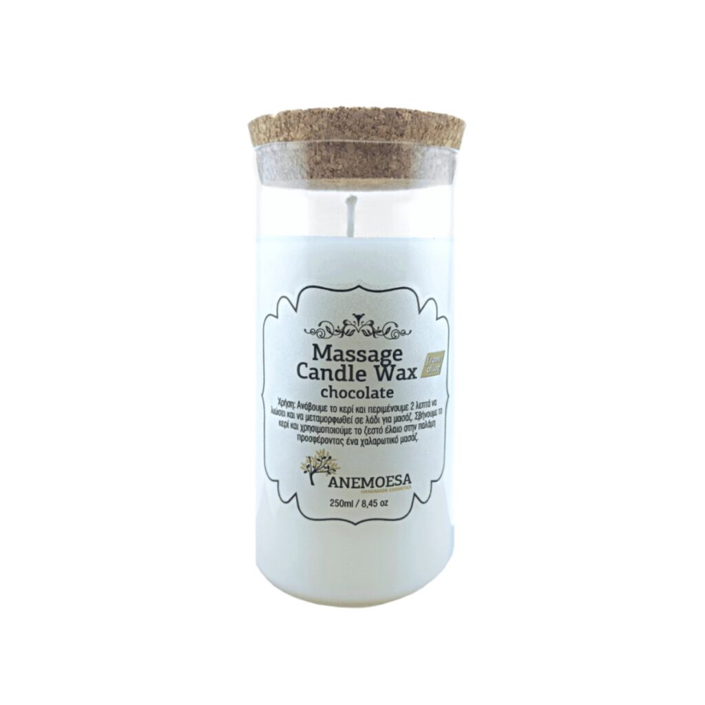 A massage candle 250ml made with natural olive wax and chocolate scent, by Anemoesa Massage oil ideal for guests relaxation in hotel spa, wellness.