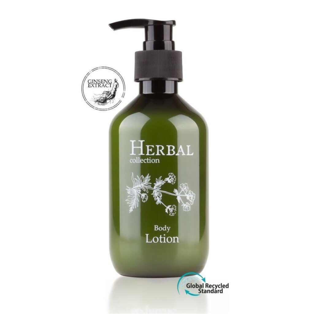 A luxury hotel body lotion 300ml with ginseng, Herbal, in a refillable dispenser bottle