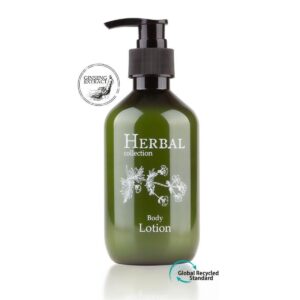 A luxury hotel body lotion 300ml with ginseng, Herbal, in a refillable dispenser bottle