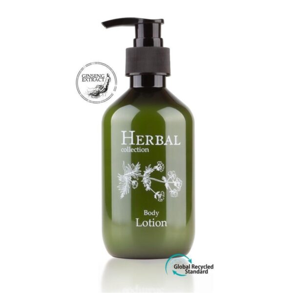 A luxury hotel body lotion 300ml with ginseng, Herbal, in a refillable dispenser bottle