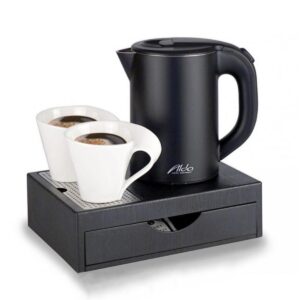A hotel kettle tray set with a black kettle and mini drawer tray