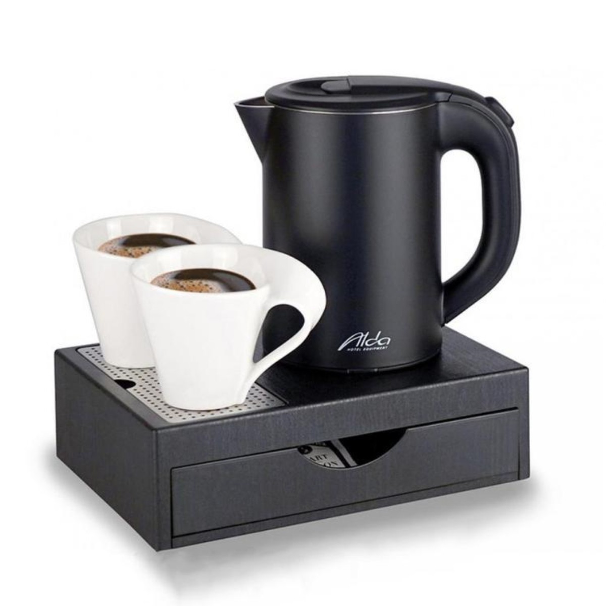 A hotel kettle tray set with a black kettle and mini drawer tray