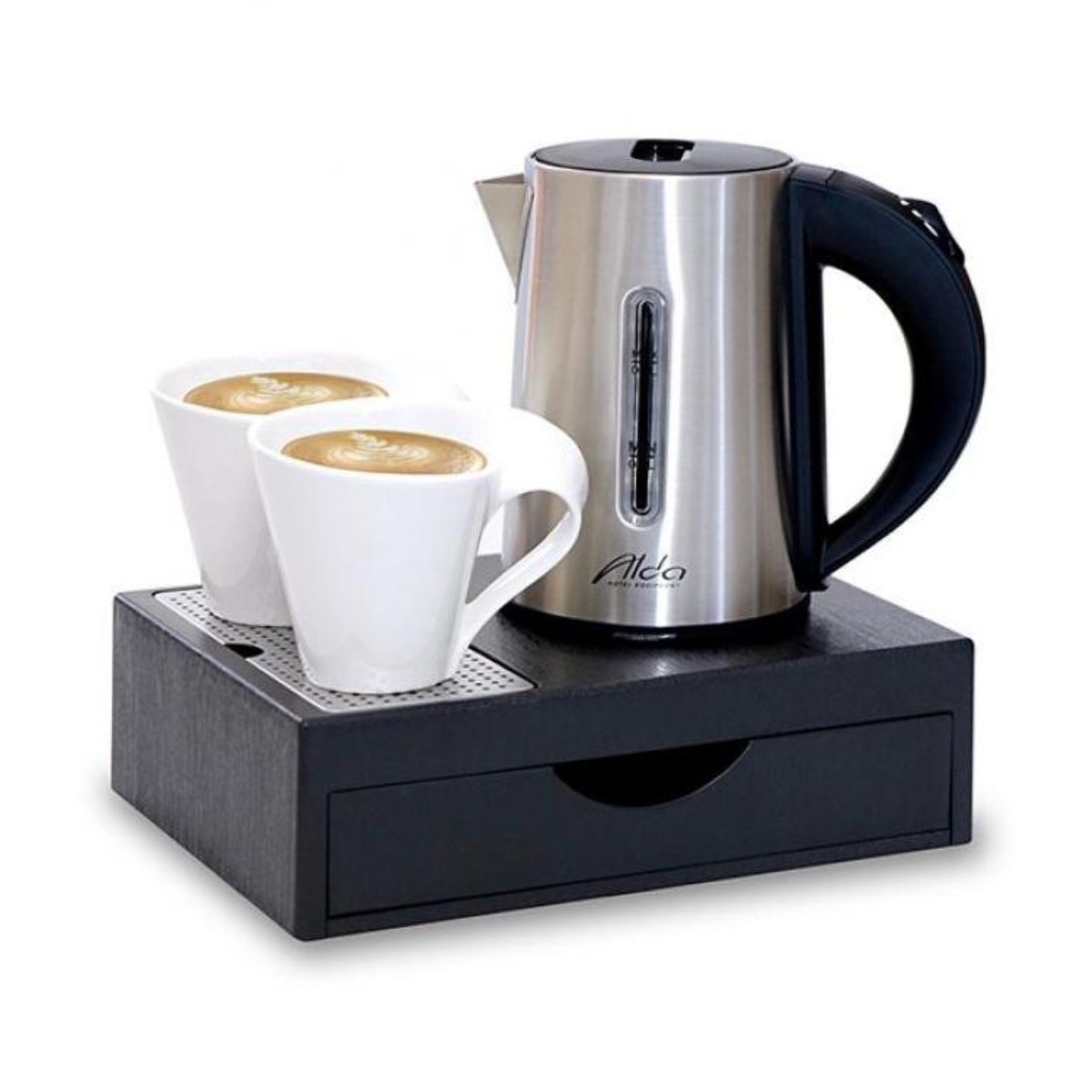 A hotel kettle tray set with a mini drawer. The kettle is inox with 0.6 liter capacity, and the tray drawer is plastic.