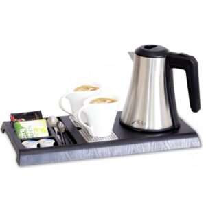 A hotel kettle tray set with inox kettle and plastic tray.