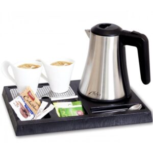 A hotel kettle tray set with a 0.8 liter inox kettle and long plastic tray.