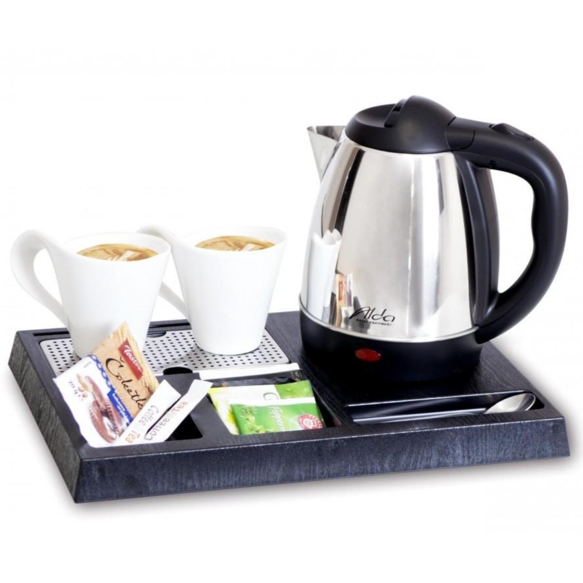 A hotel kettle tray set with a chrome kettle and plastic tray
