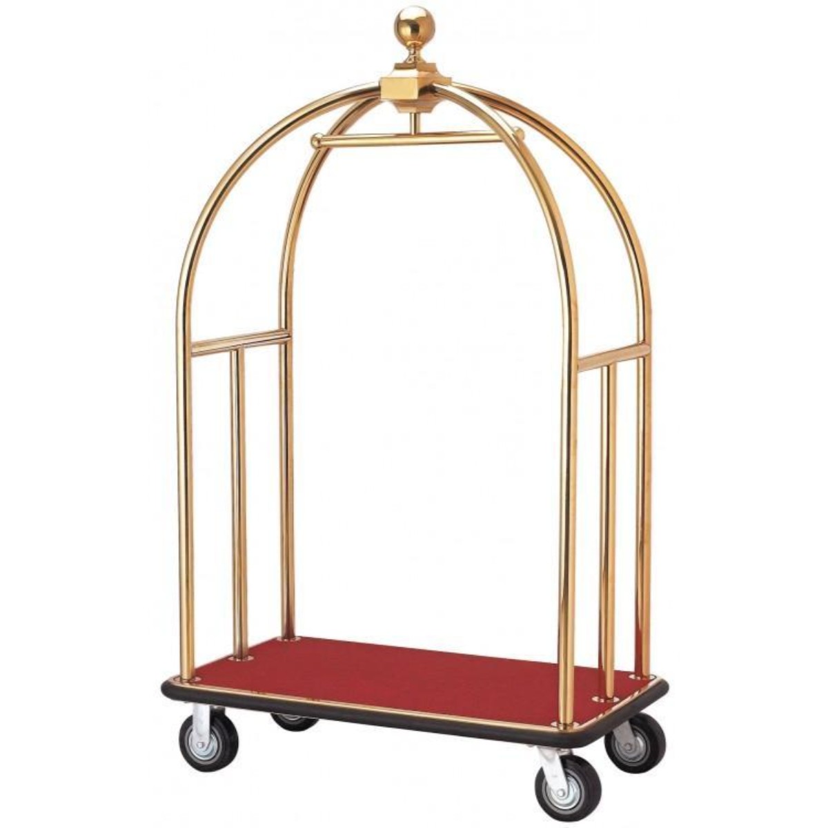 Hotel luggage trolley with gold color stainless steel and red carpet