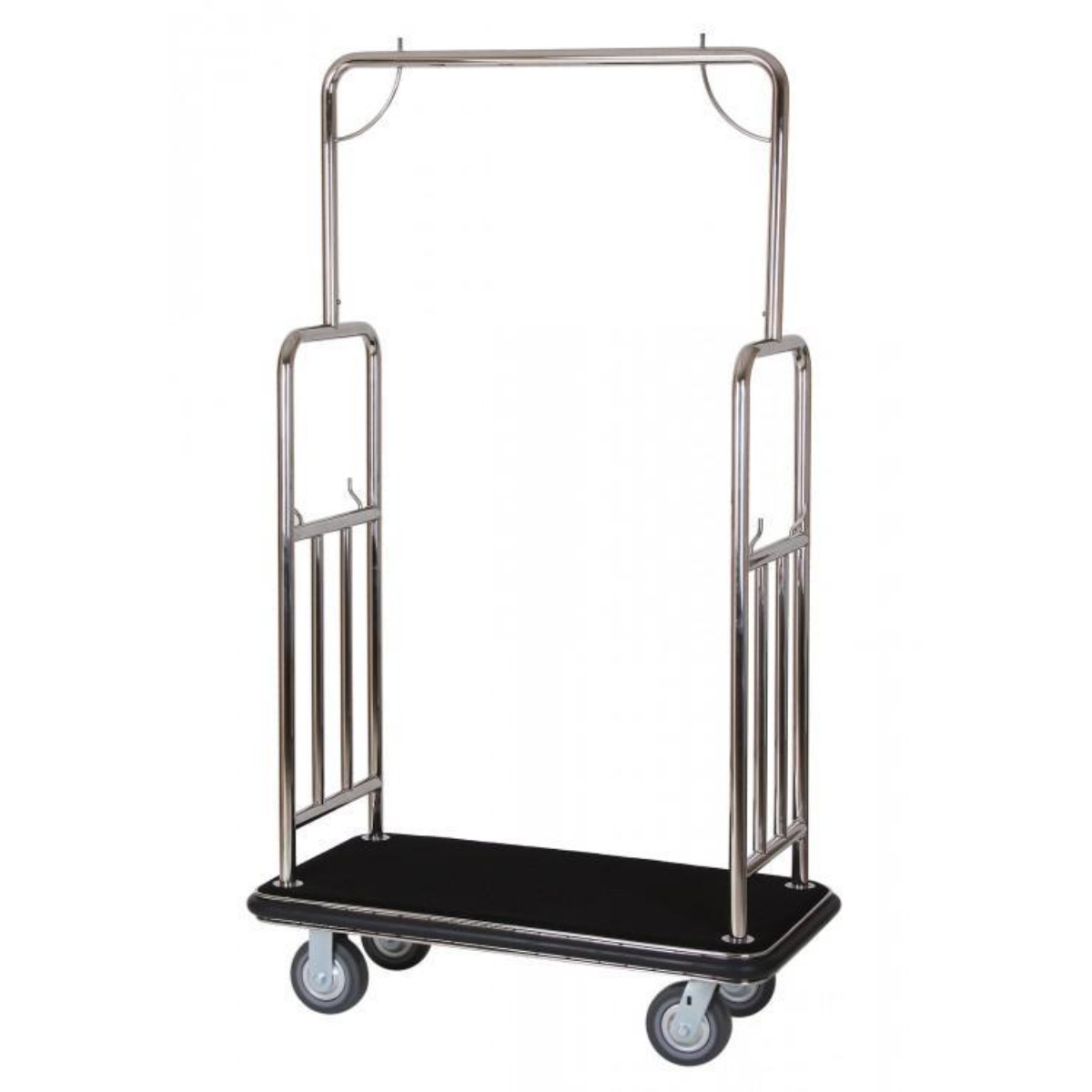 A hotel luggage trolley premium with stainless steel frame and black carpet