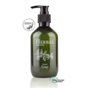 A hotel liquid soap 300ml with ginseng, Herbal, in a refillable dispenser bottle