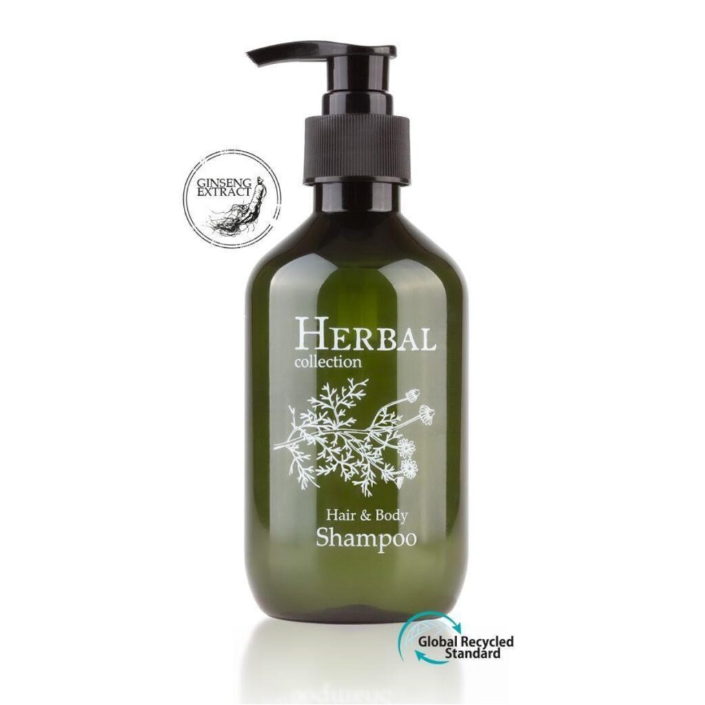 A hotel shampoo 300ml with ginseng, Herbal, in a refillable dispenser bottle