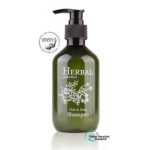 A hotel shampoo 300ml with ginseng, Herbal, in a refillable dispenser bottle