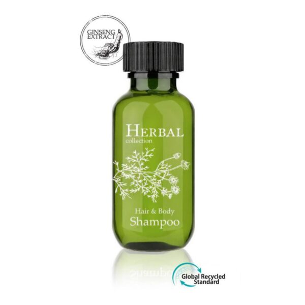 Luxury hotel shampoo 37ml bottle with ginseng extract, Herbal collection. Premium guest toiletries for hotels.