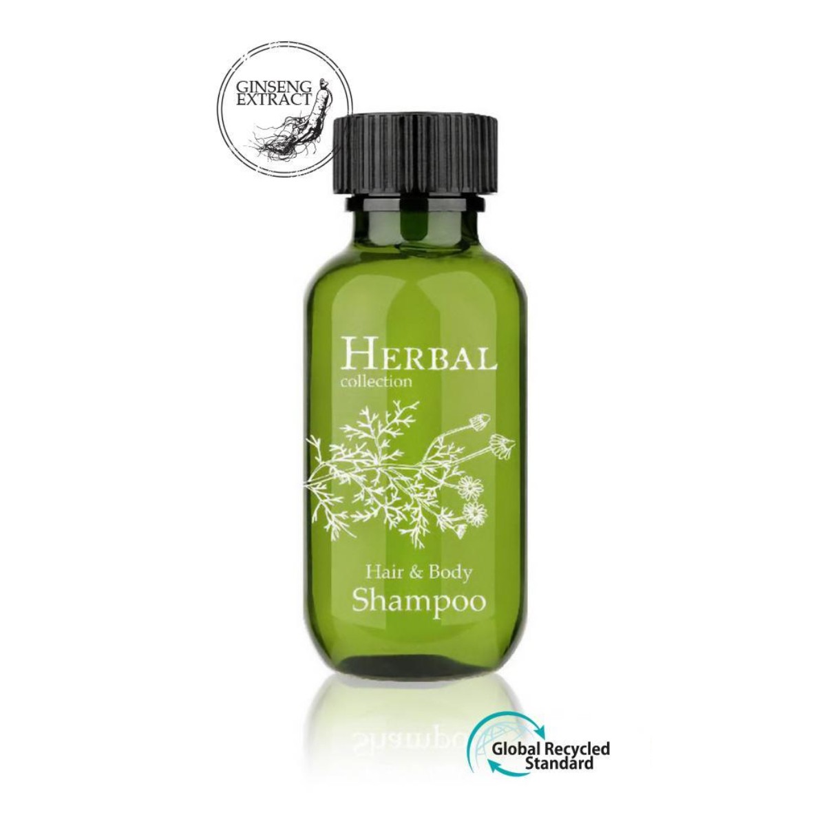Luxury hotel shampoo 37ml bottle with ginseng extract, Herbal collection. Premium guest toiletries for hotels.