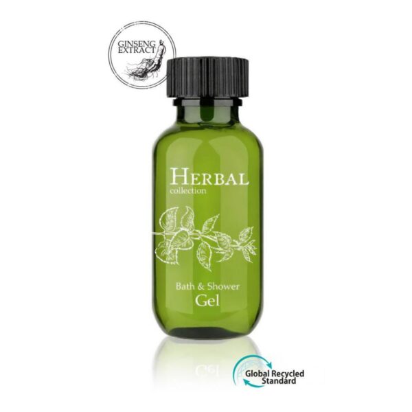 Luxury hotel body wash 37ml with ginseng, Herbal collection. Premium shower gel for guest toiletries and hotel amenities