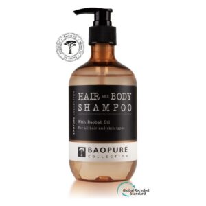 Hotel shampoo hair and body wash 475ml with baobab oil, Baopure collection, luxury refillable dispenser for hotels