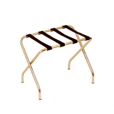 Gold stainless steel luggage rack with black nylon straps, foldable and durable, ideal as a hotel room luggage rack or guest baggage stand for upscale hotel amenities.